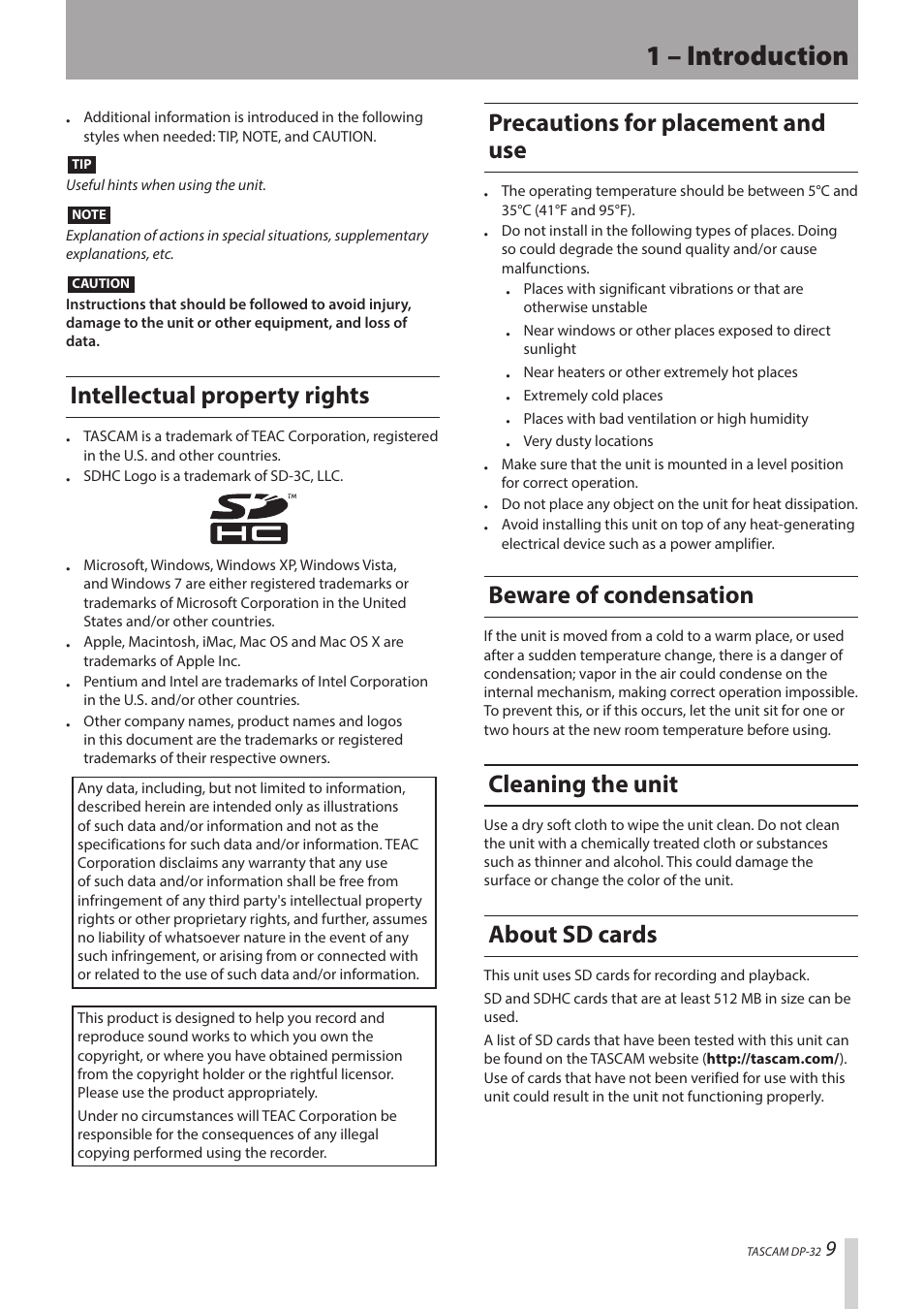 1 – introduction, Intellectual property rights, Precautions for placement and use | Beware of condensation, Cleaning the unit, About sd cards | Teac DP-32 User Manual | Page 9 / 104