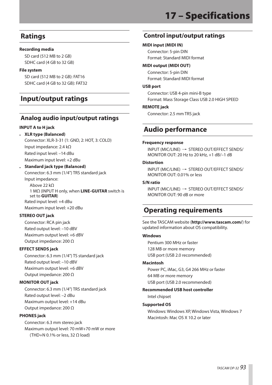 17 – specifications, Ratings, Input/output ratings | Audio performance, Operating requirements, Analog audio input/output ratings, Control input/output ratings | Teac DP-32 User Manual | Page 93 / 104