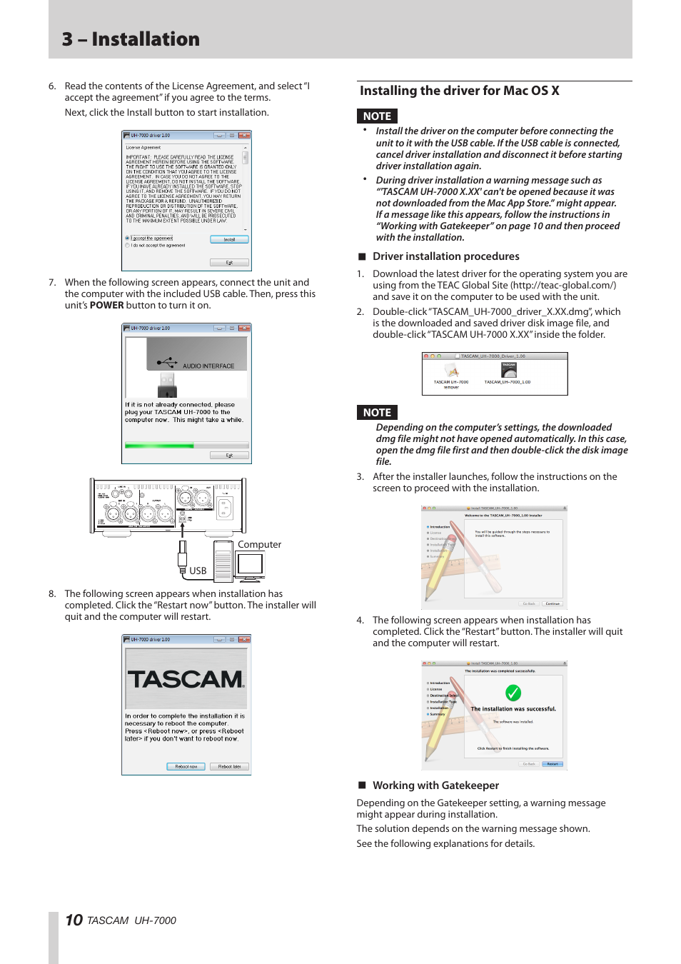 Installing the driver for mac os x, 3 – installation | Teac UH-7000 User Manual | Page 10 / 36