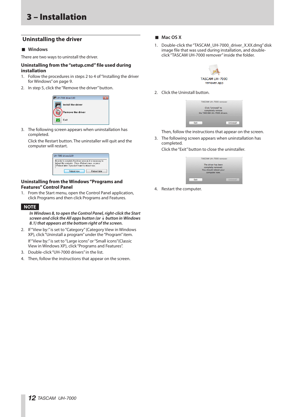 Uninstalling the driver, 3 – installation | Teac UH-7000 User Manual | Page 12 / 36