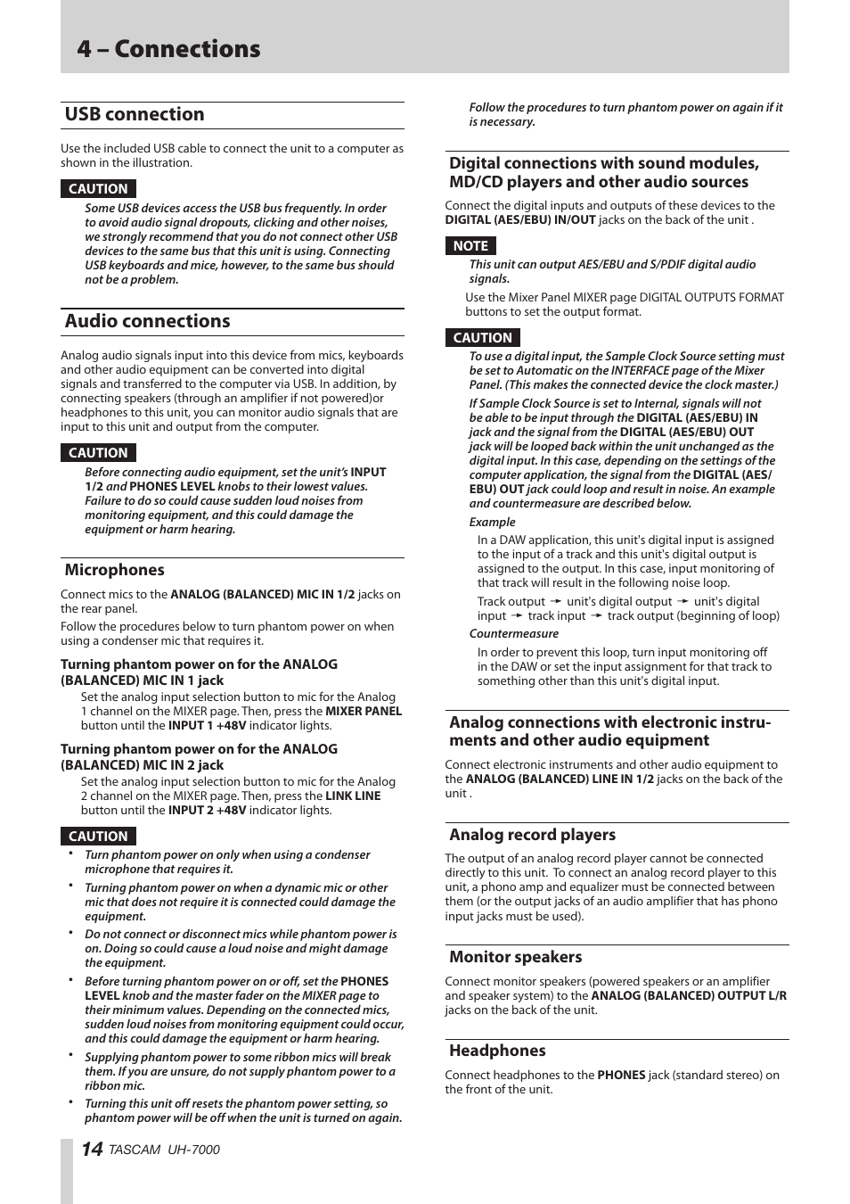 Usb connection, Audio connections, Microphones | Analog record players, Monitor speakers, Headphones, Usb connection audio connections, Microphones digital connections with sound modules, 4 – connections | Teac UH-7000 User Manual | Page 14 / 36