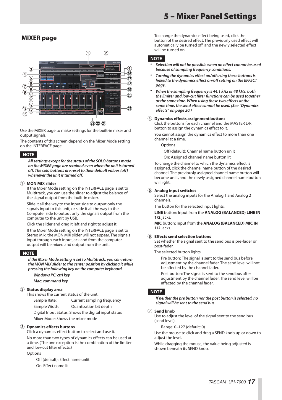 5 – mixer panel settings, Mixer page | Teac UH-7000 User Manual | Page 17 / 36