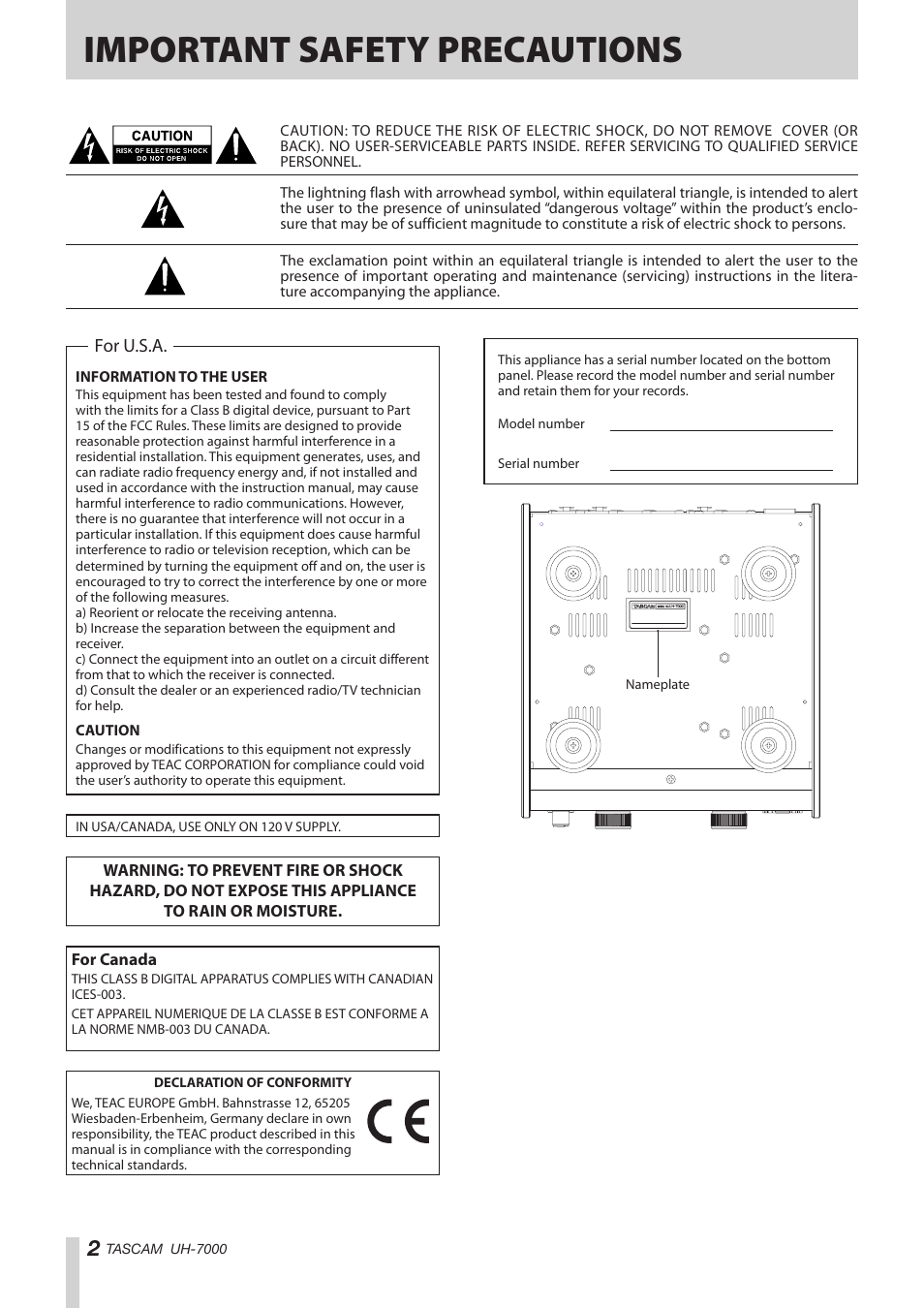 Important safety precautions, For u.s.a | Teac UH-7000 User Manual | Page 2 / 36