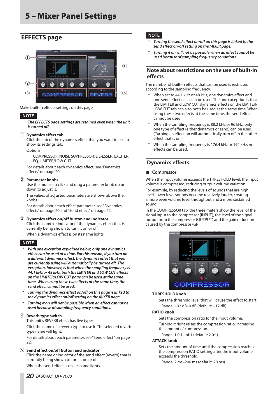 Dynamics effects, Note about restrictions on the use of built-in, Effects dynamics effects | 5 – mixer panel settings, Effects page | Teac UH-7000 User Manual | Page 20 / 36