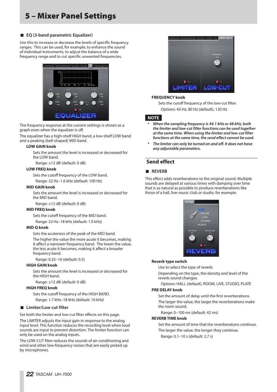 Send effect, 5 – mixer panel settings | Teac UH-7000 User Manual | Page 22 / 36