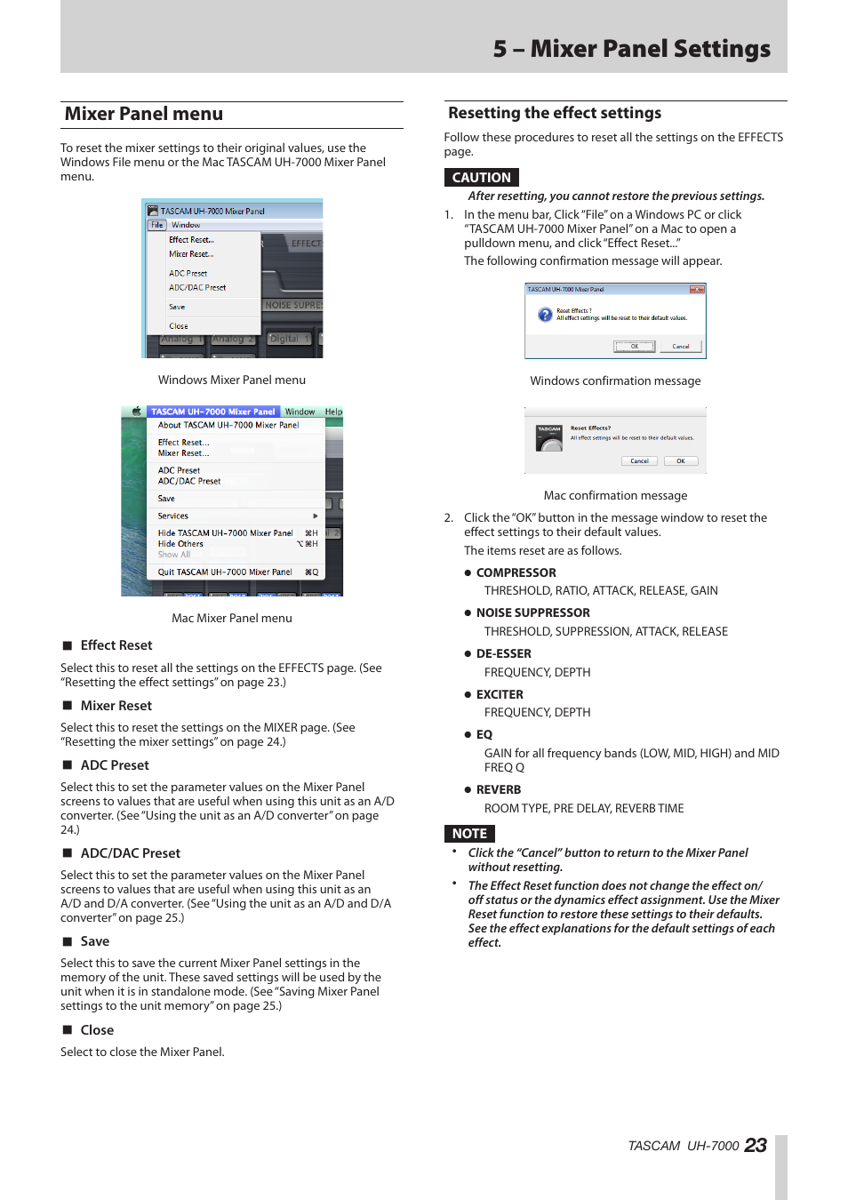 Mixer panel menu, Resetting the effect settings, 5 – mixer panel settings | Teac UH-7000 User Manual | Page 23 / 36