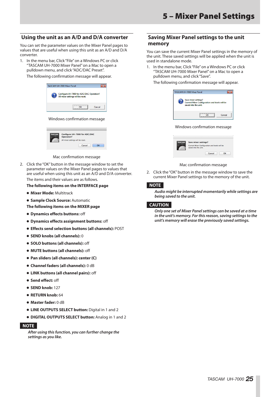 Using the unit as an a/d and d/a converter, Saving mixer panel settings to the unit memory, To the unit memory | Ee “using the unit as an a/d and d/a, Ee “saving mixer panel, 5 – mixer panel settings | Teac UH-7000 User Manual | Page 25 / 36