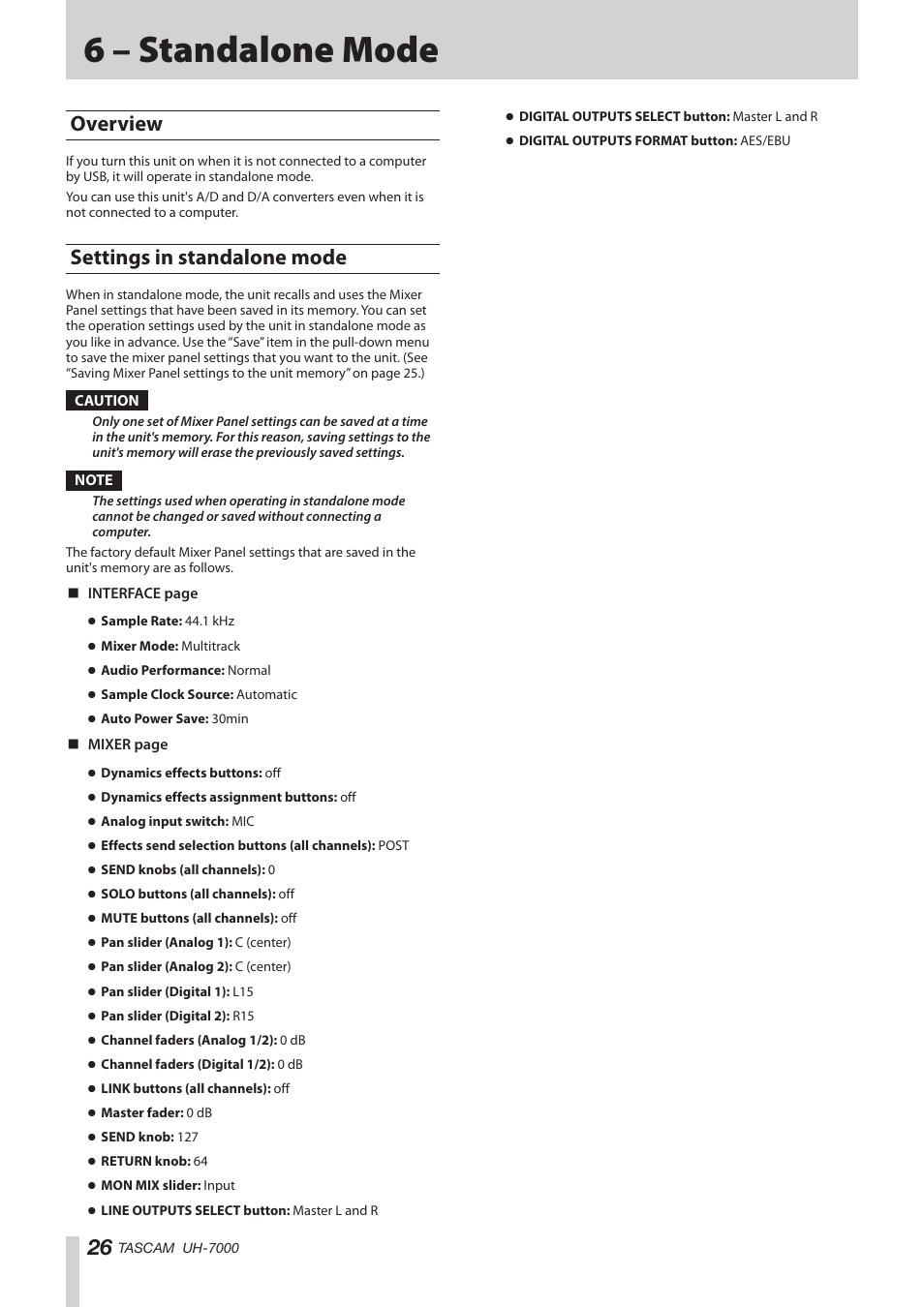 6 – standalone mode, Overview, Settings in standalone mode | Overview settings in standalone mode | Teac UH-7000 User Manual | Page 26 / 36