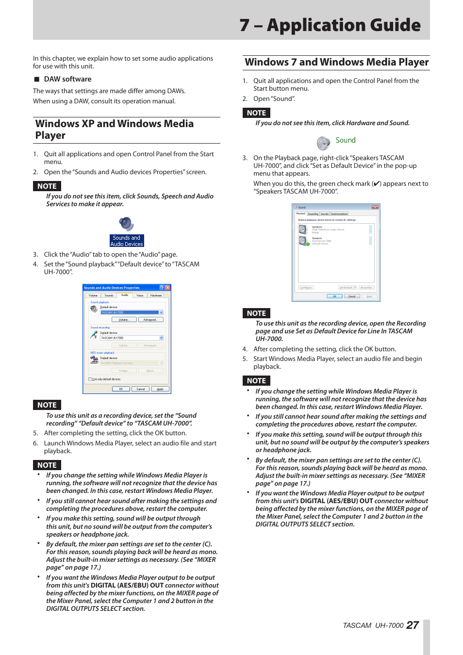 7 – application guide, Windows xp and windows media player, Windows 7 and windows media player | Teac UH-7000 User Manual | Page 27 / 36