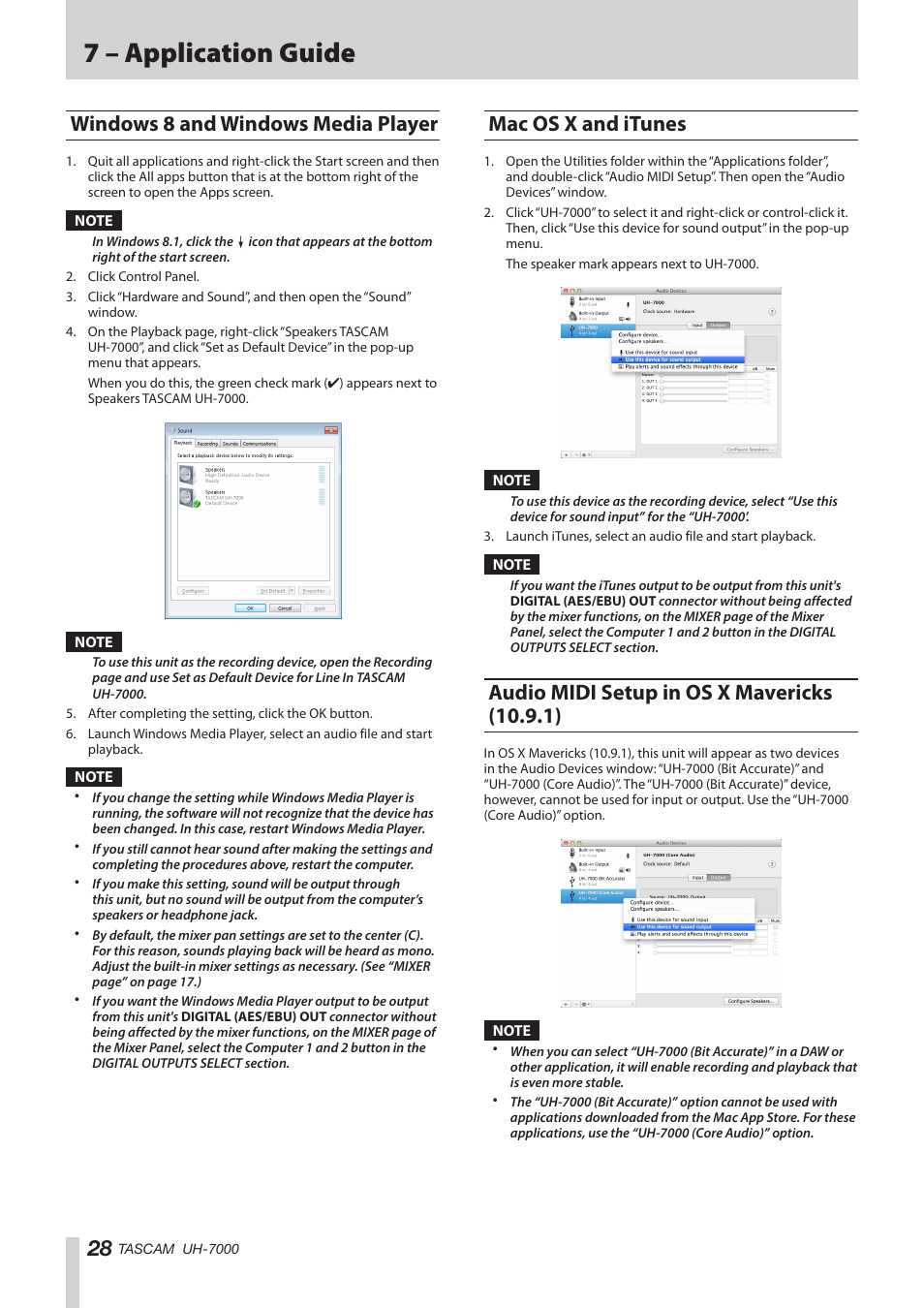 Windows 8 and windows media player, Mac os x and itunes, Audio midi setup in os x mavericks (10.9.1) | 7 – application guide | Teac UH-7000 User Manual | Page 28 / 36