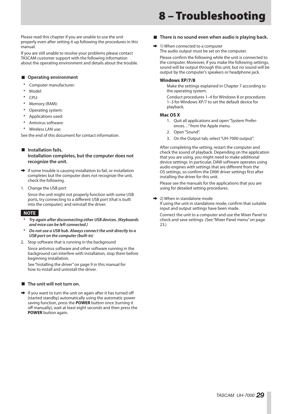 8 – troubleshooting | Teac UH-7000 User Manual | Page 29 / 36