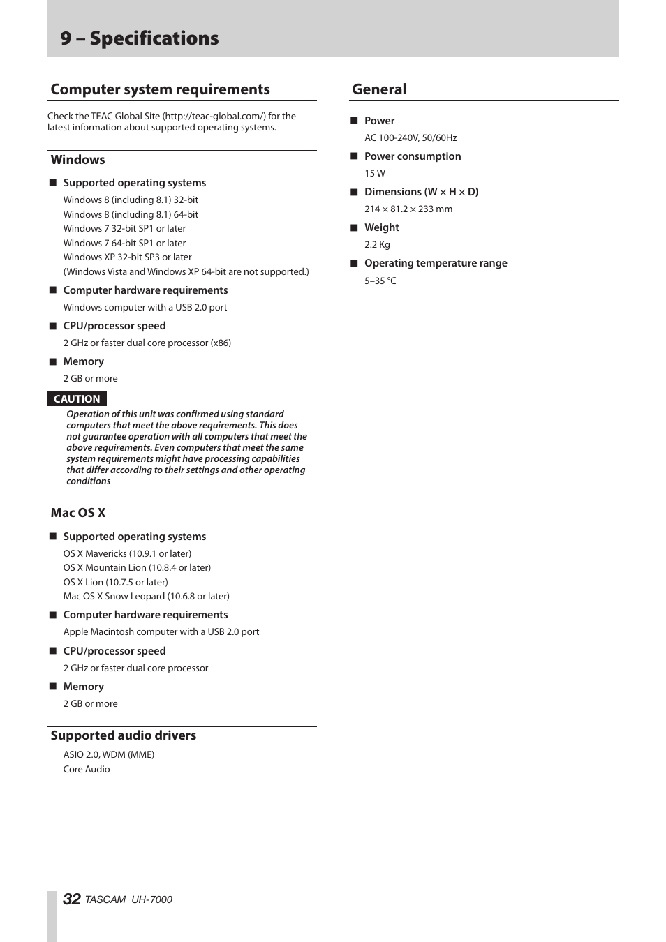 Computer system requirements, Windows, Mac os x | Supported audio drivers, General, Windows mac os x supported audio drivers, 9 – specifications | Teac UH-7000 User Manual | Page 32 / 36