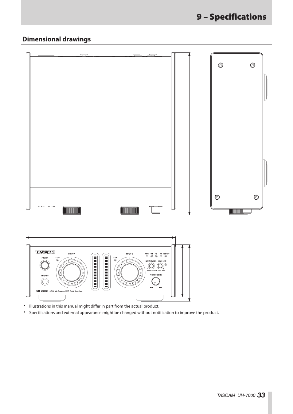 Dimensional drawings, 9 – specifications | Teac UH-7000 User Manual | Page 33 / 36