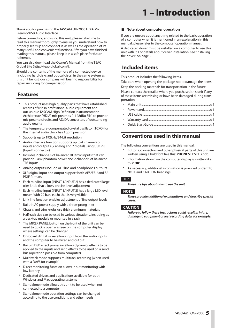 1 – introduction, Features, Included items | Conventions used in this manual | Teac UH-7000 User Manual | Page 5 / 36