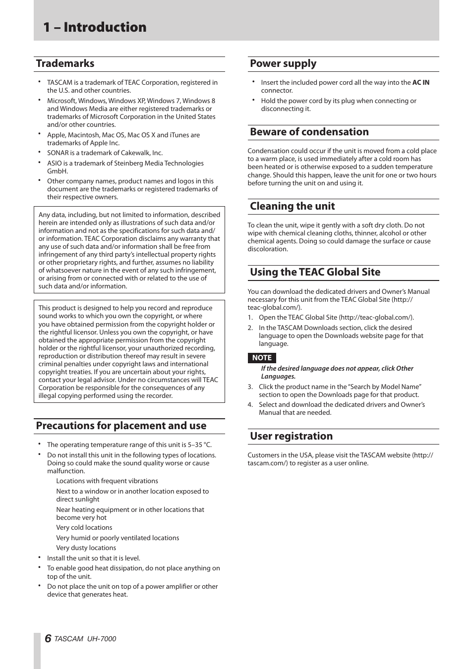 Trademarks, Precautions for placement and use, Power supply | Beware of condensation, Cleaning the unit, Using the teac global site, User registration, 1 – introduction | Teac UH-7000 User Manual | Page 6 / 36