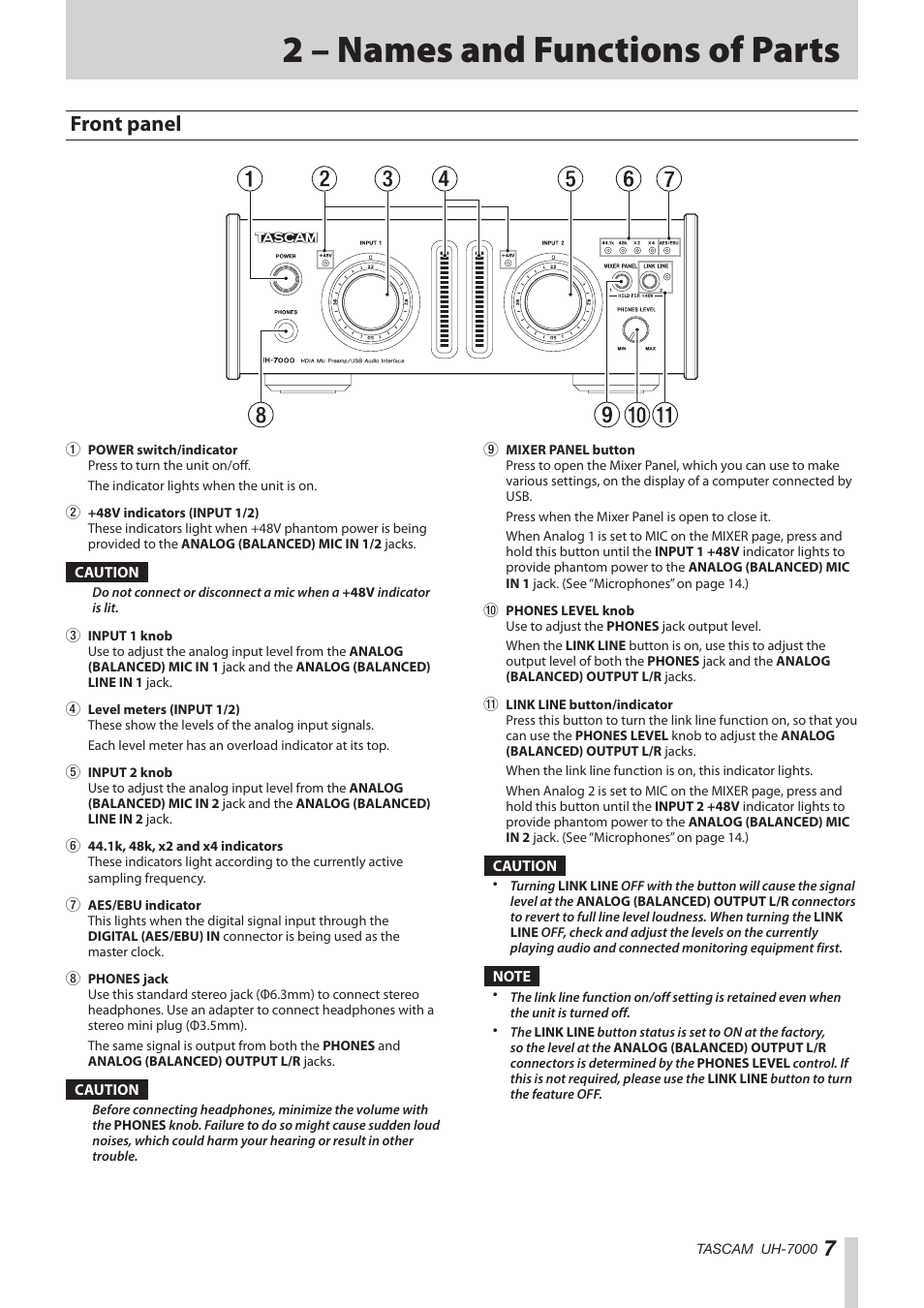 2 – names and functions of parts, Front panel | Teac UH-7000 User Manual | Page 7 / 36