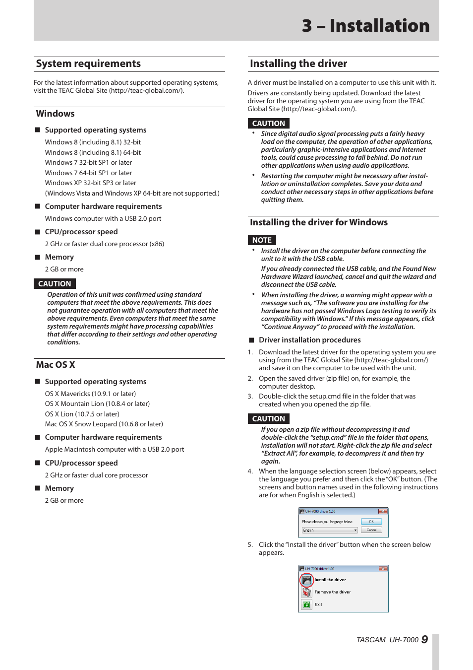 3 – installation, System requirements, Windows | Mac os x, Installing the driver, Installing the driver for windows, Windows mac os x | Teac UH-7000 User Manual | Page 9 / 36