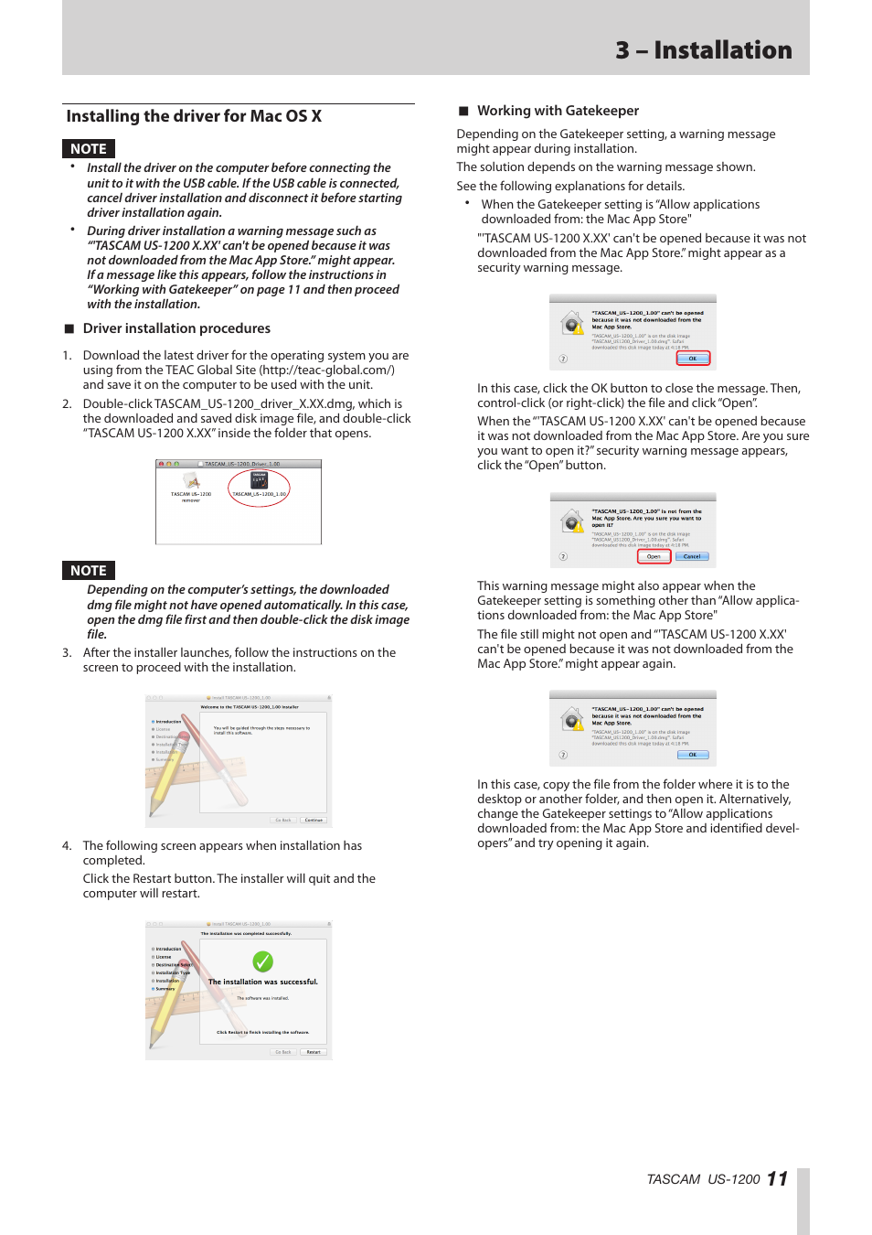 Installing the driver for mac os x, 3 – installation | Teac US-1200 User Manual | Page 11 / 36