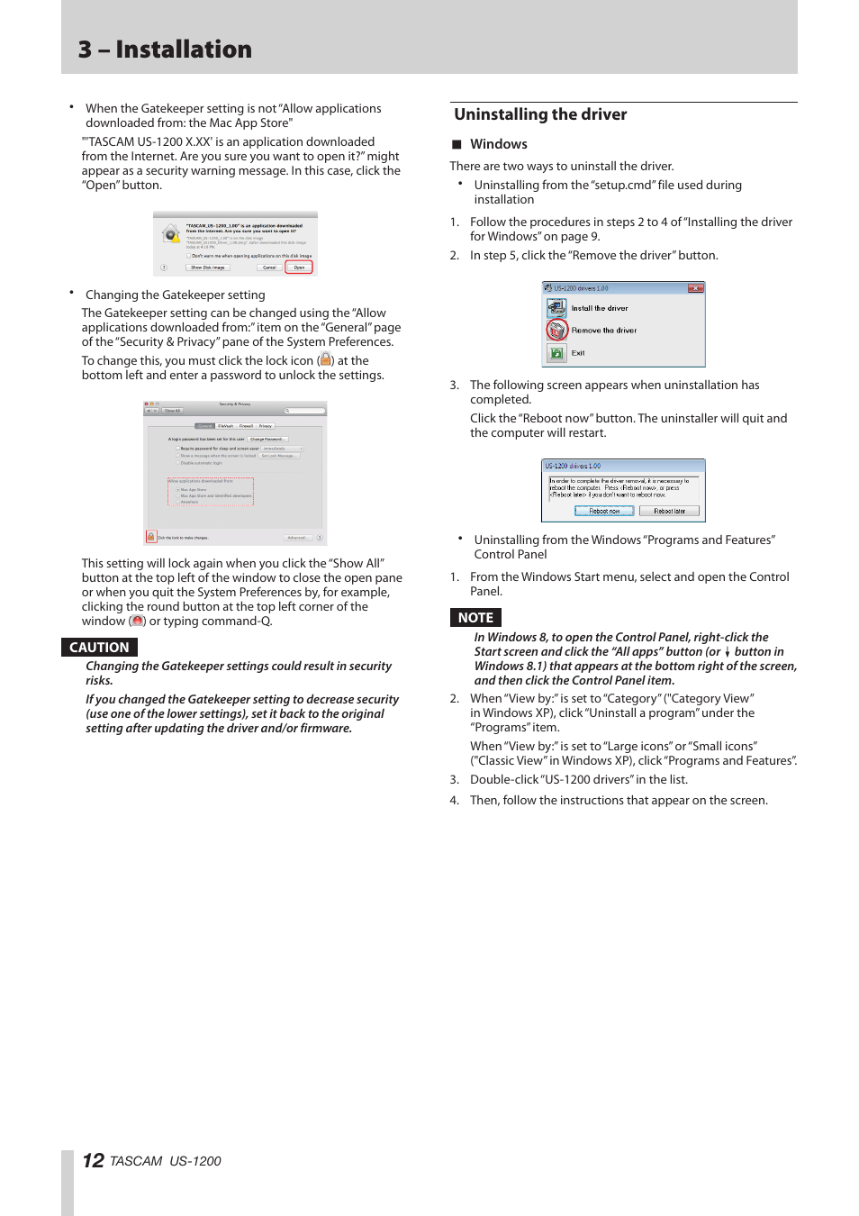 Uninstalling the driver, 3 – installation | Teac US-1200 User Manual | Page 12 / 36