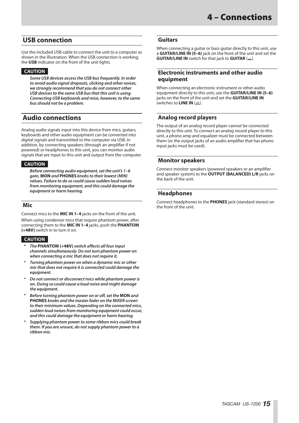 Usb connection, Audio connections, Guitars | Electronic instruments and other audio equipment, Analog record players, Monitor speakers, Headphones, Usb connection audio connections, Mic guitars electronic instruments and other audio, 4 – connections | Teac US-1200 User Manual | Page 15 / 36