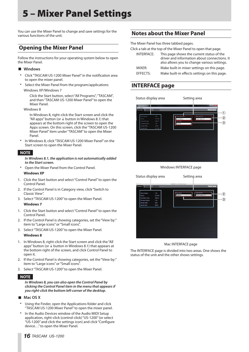 5 – mixer panel settings, Opening the mixer panel, Notes about the mixer panel | Interface page | Teac US-1200 User Manual | Page 16 / 36