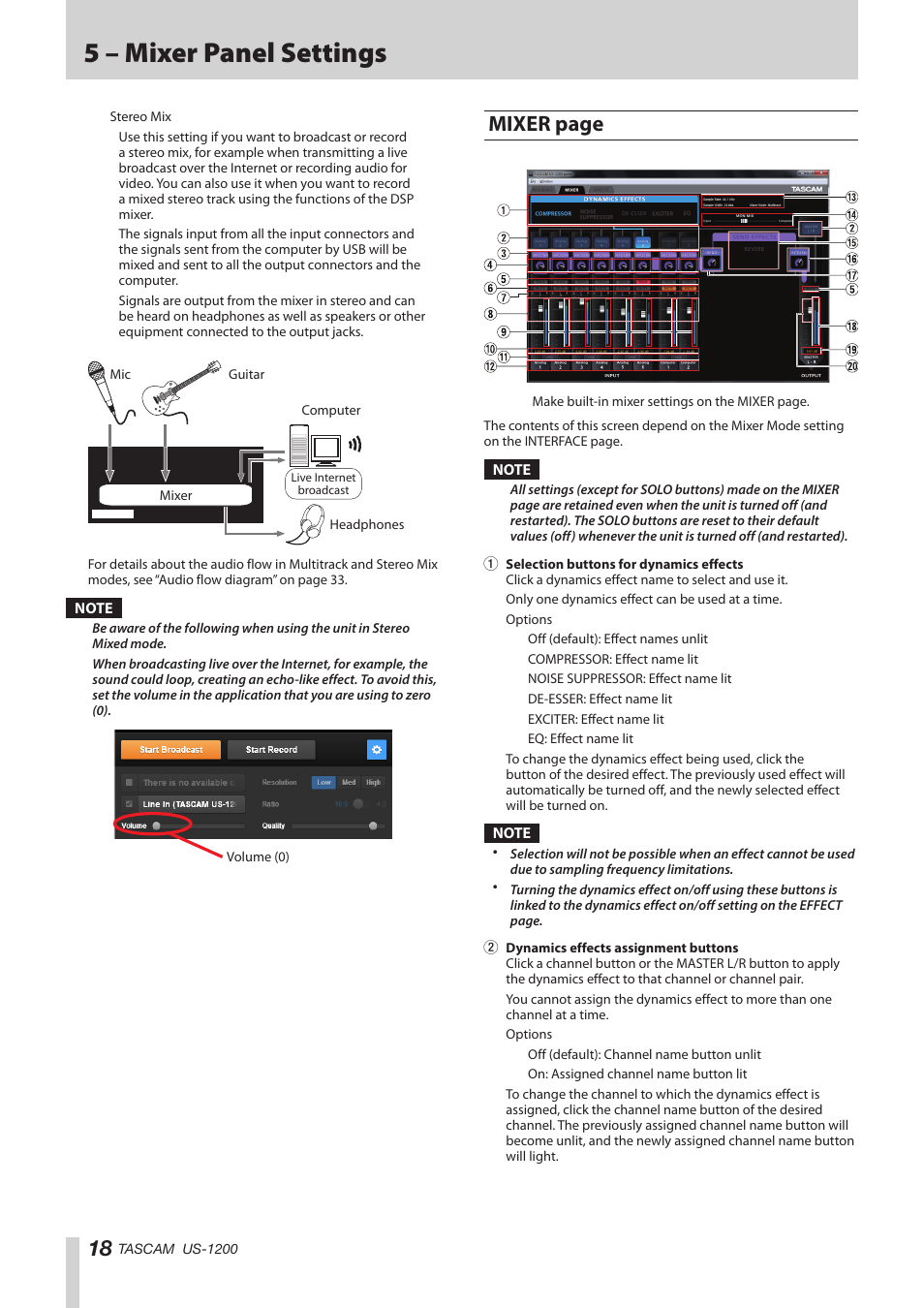 5 – mixer panel settings, Mixer page | Teac US-1200 User Manual | Page 18 / 36