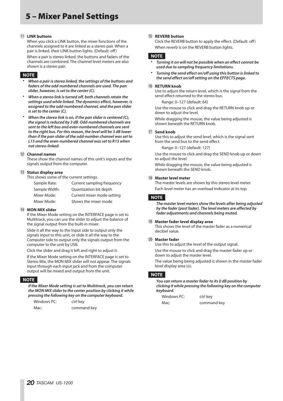 5 – mixer panel settings | Teac US-1200 User Manual | Page 20 / 36