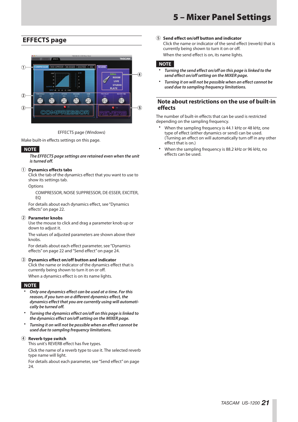 Note about restrictions on the use of built-in, Effects, 5 – mixer panel settings | Effects page | Teac US-1200 User Manual | Page 21 / 36