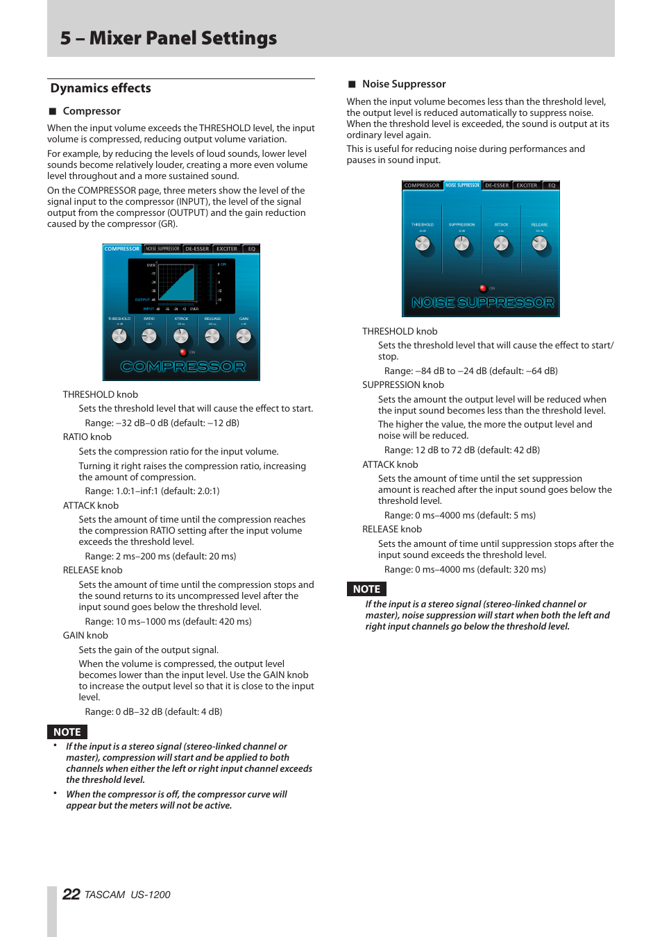 Dynamics effects, See “dynamics, 5 – mixer panel settings | Teac US-1200 User Manual | Page 22 / 36