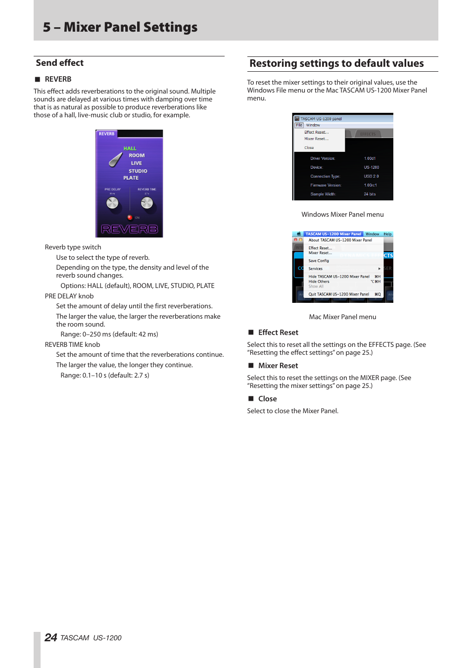 Send effect, Restoring settings to default values, 5 – mixer panel settings | Teac US-1200 User Manual | Page 24 / 36