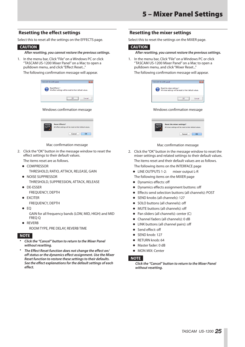 Resetting the effect settings, Resetting the mixer settings, 5 – mixer panel settings | Teac US-1200 User Manual | Page 25 / 36