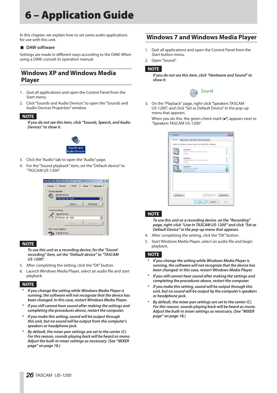6 – application guide, Windows xp and windows media player, Windows 7 and windows media player | Teac US-1200 User Manual | Page 26 / 36