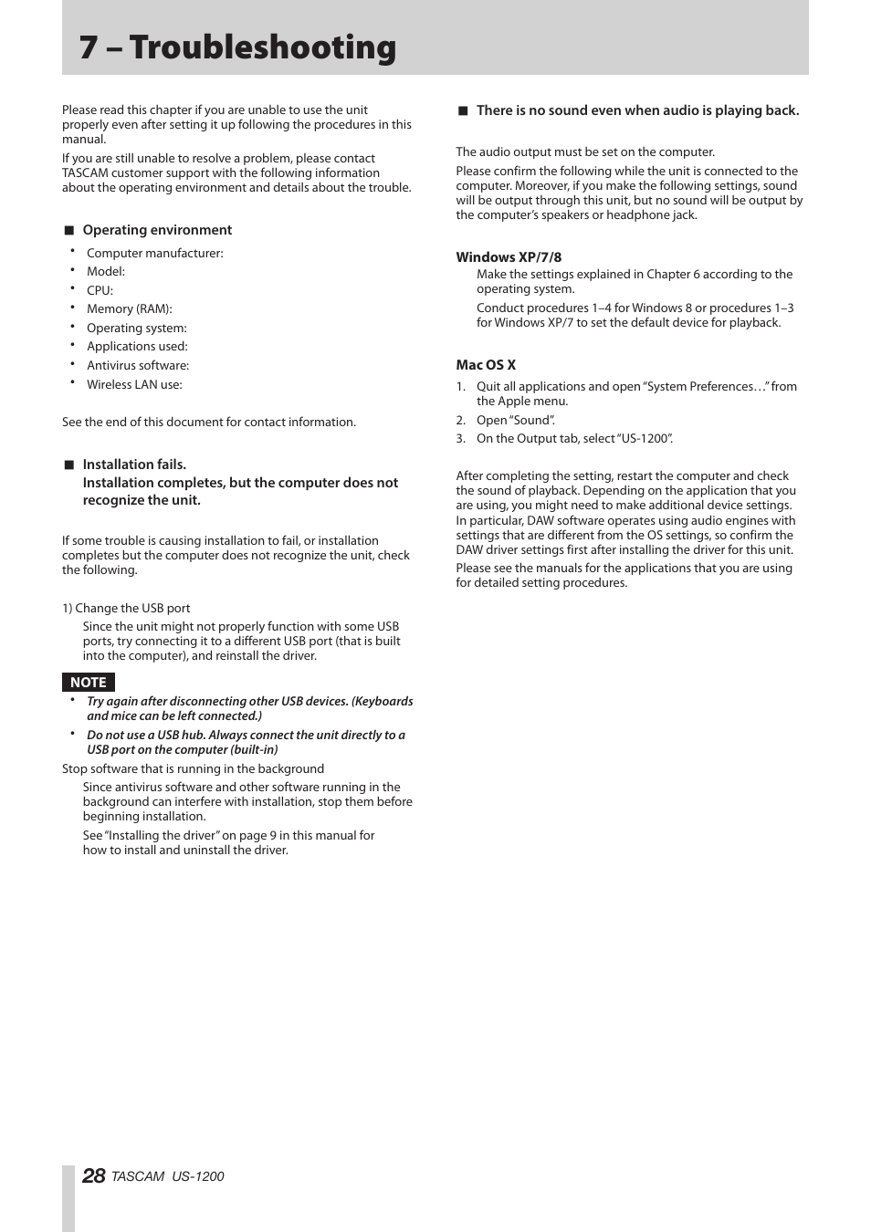 7 – troubleshooting | Teac US-1200 User Manual | Page 28 / 36