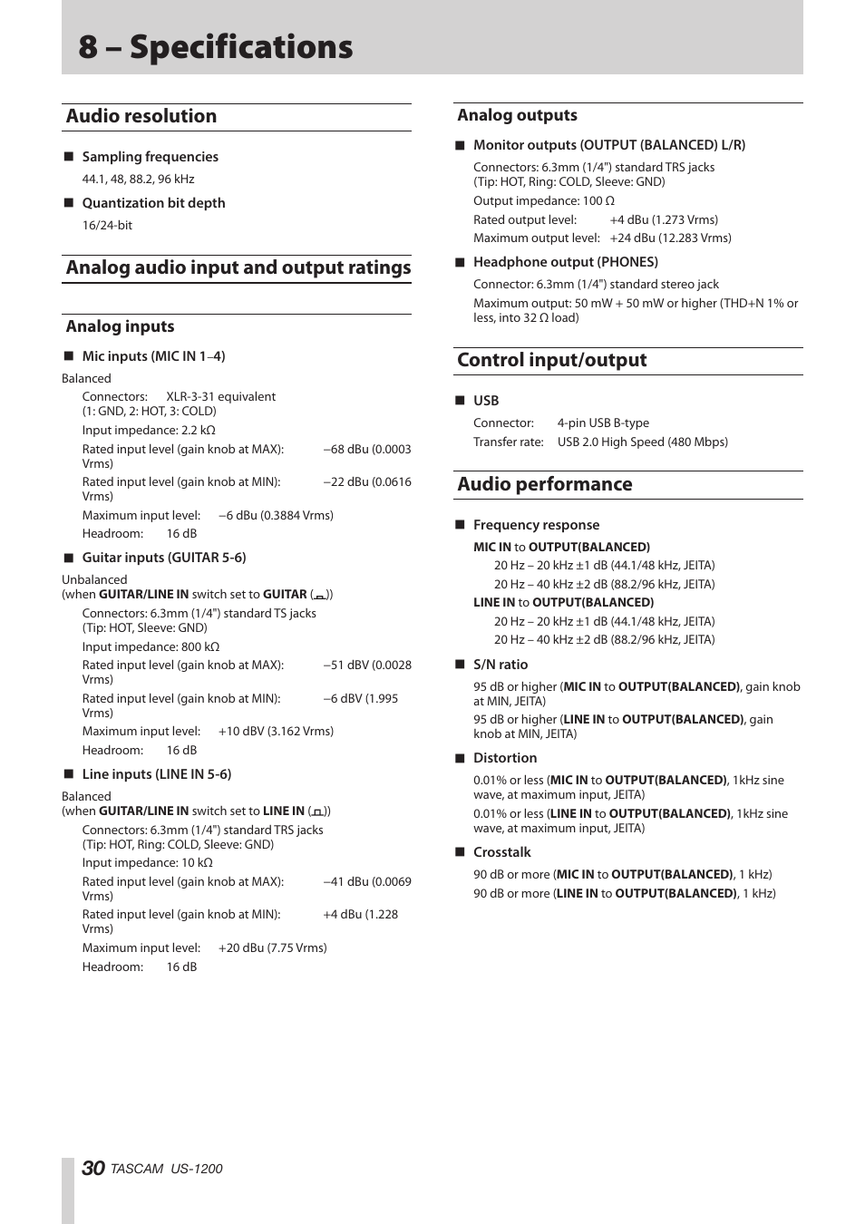 8 – specifications, Audio resolution, Analog audio input and output ratings | Analog inputs, Analog outputs, Control input/output, Audio performance, Analog inputs analog outputs, Control input/output audio performance | Teac US-1200 User Manual | Page 30 / 36