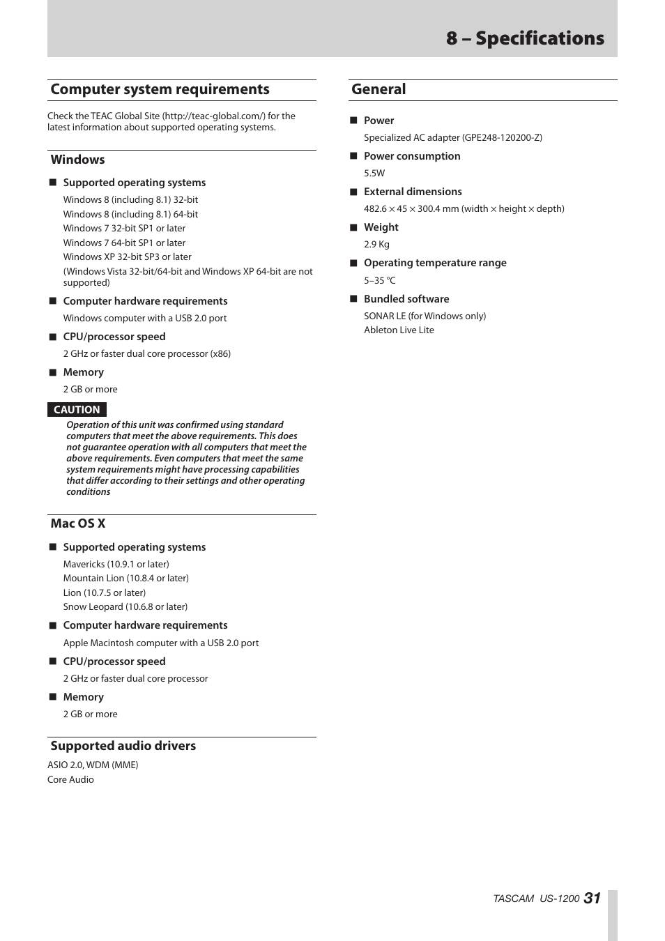 Computer system requirements, Windows, Mac os x | Supported audio drivers, General, Windows mac os x supported audio drivers, 8 – specifications | Teac US-1200 User Manual | Page 31 / 36