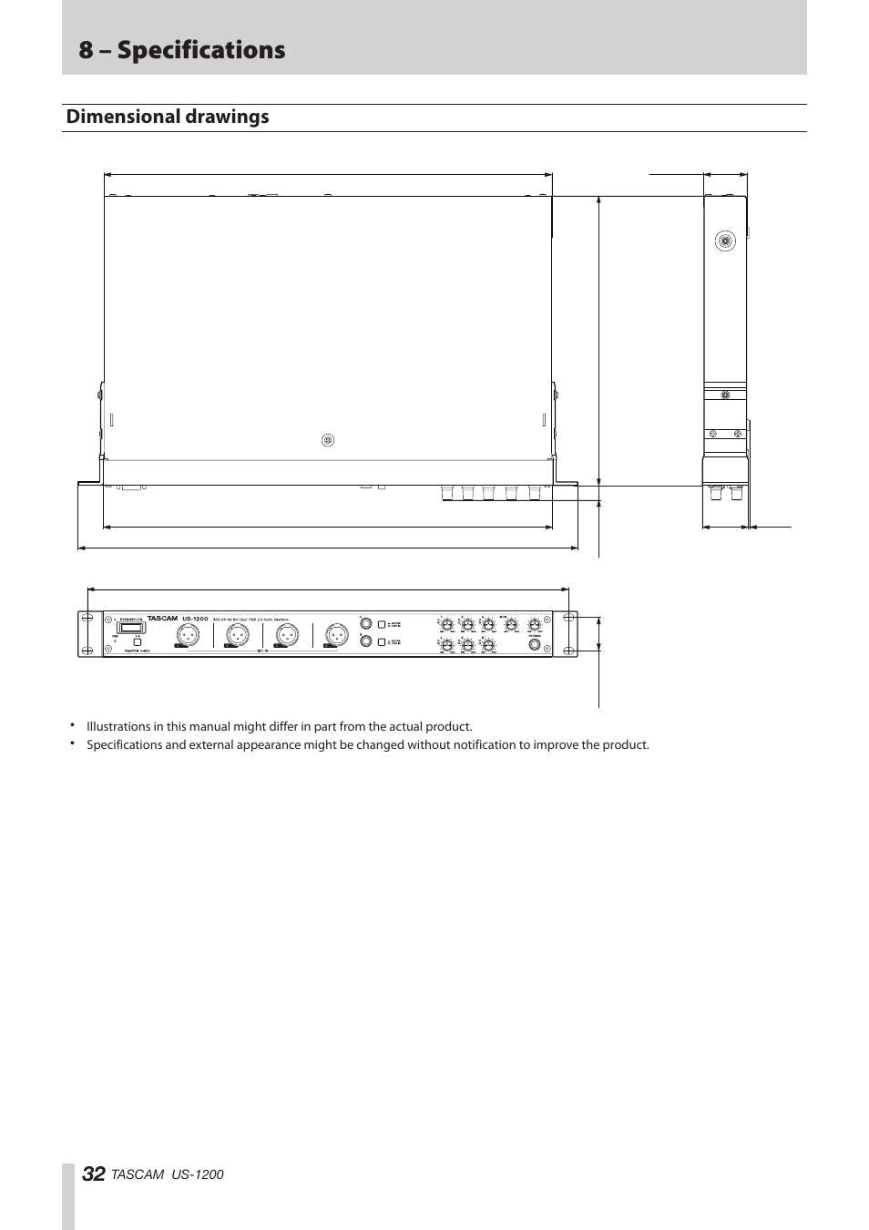 Dimensional drawings, 8 – specifications | Teac US-1200 User Manual | Page 32 / 36