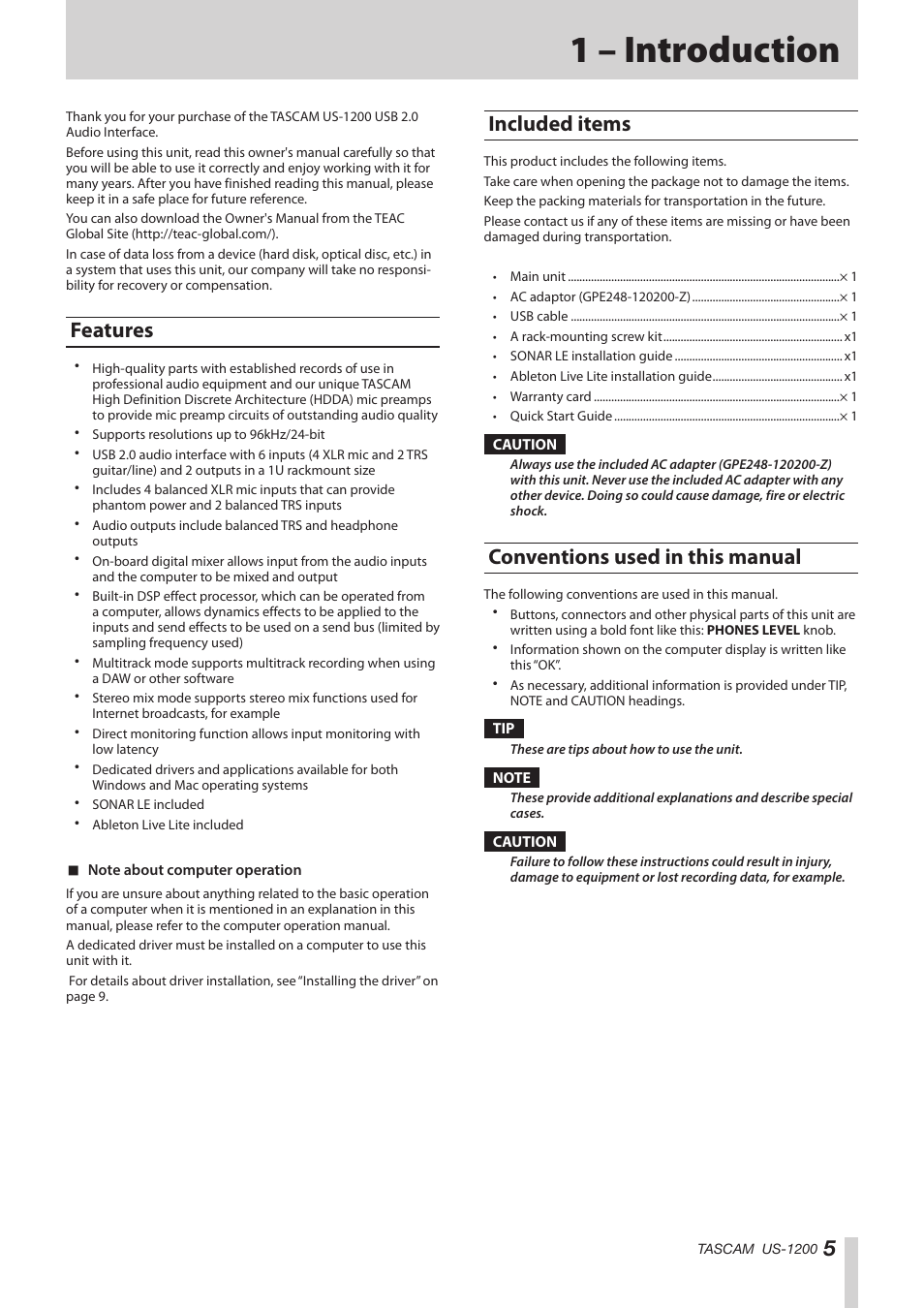 1 – introduction, Features, Included items | Conventions used in this manual | Teac US-1200 User Manual | Page 5 / 36