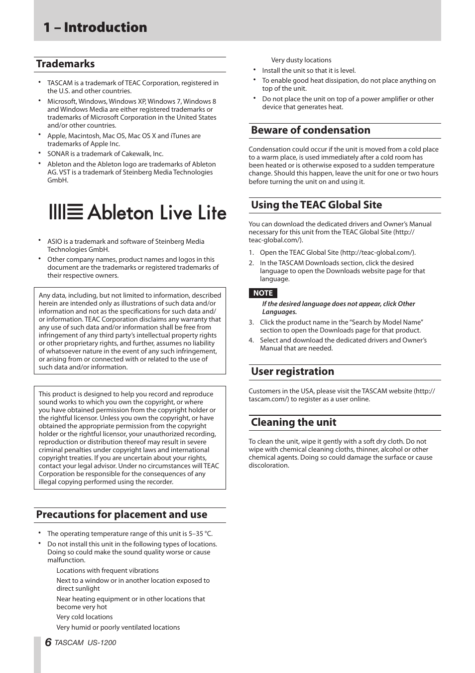 Trademarks, Precautions for placement and use, Beware of condensation | Using the teac global site, User registration, Cleaning the unit, 1 – introduction | Teac US-1200 User Manual | Page 6 / 36