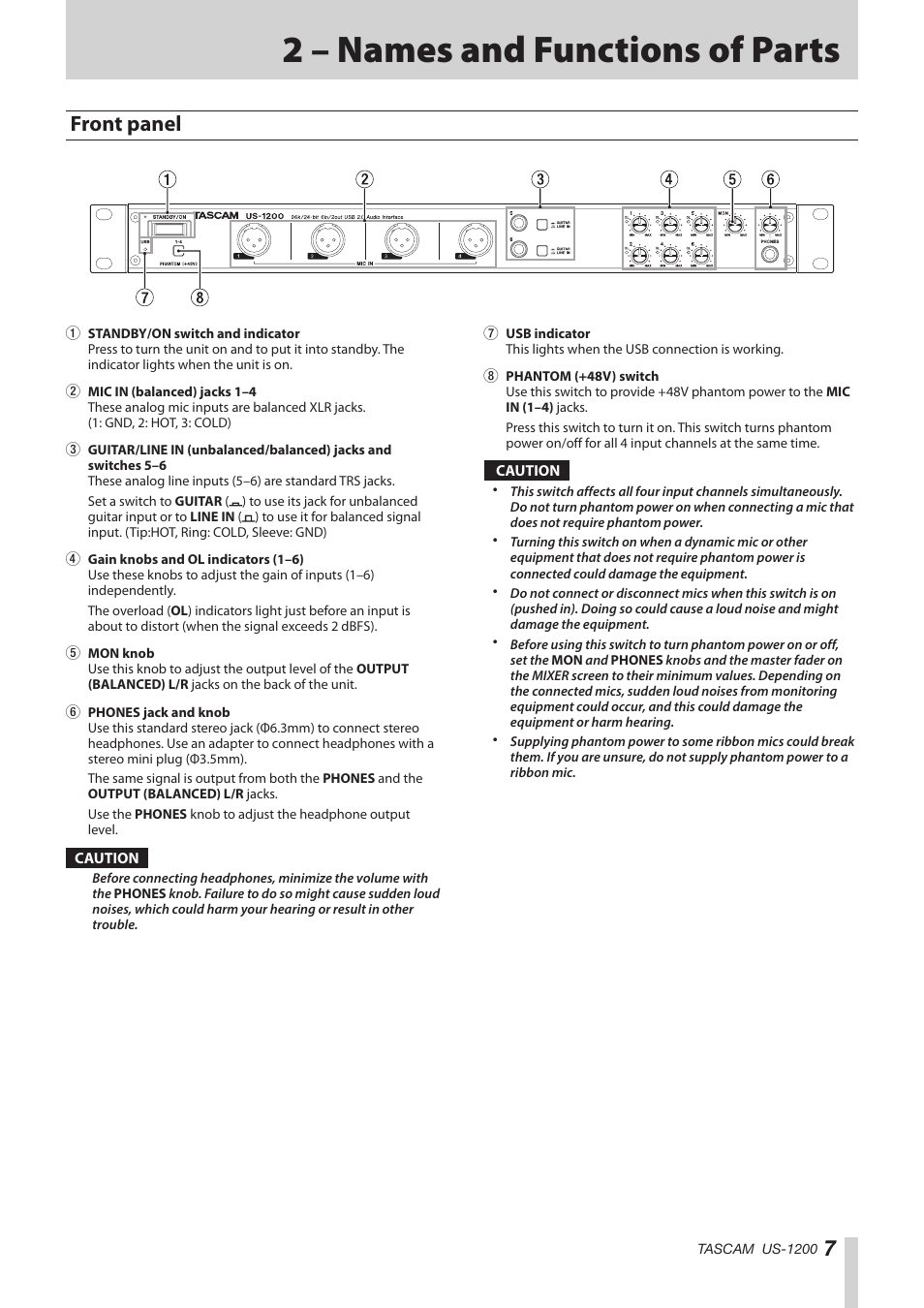 2 – names and functions of parts, Front panel | Teac US-1200 User Manual | Page 7 / 36