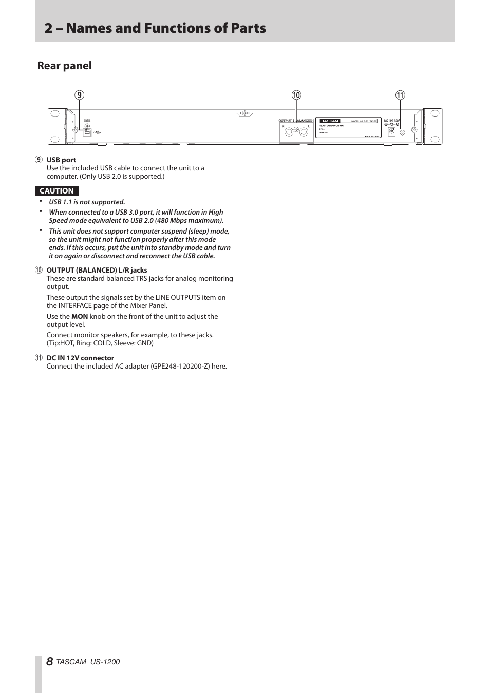 2 – names and functions of parts, Rear panel | Teac US-1200 User Manual | Page 8 / 36