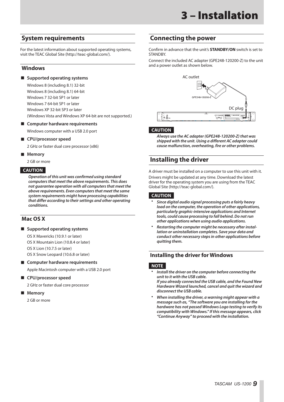 3 – installation, System requirements, Windows | Mac os x, Connecting the power, Installing the driver, Installing the driver for windows, Windows mac os x, Connecting the power installing the driver | Teac US-1200 User Manual | Page 9 / 36