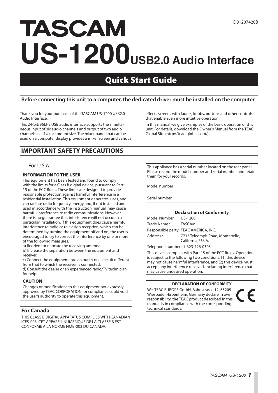 Teac US-1200 Quick Start User Manual | 8 pages