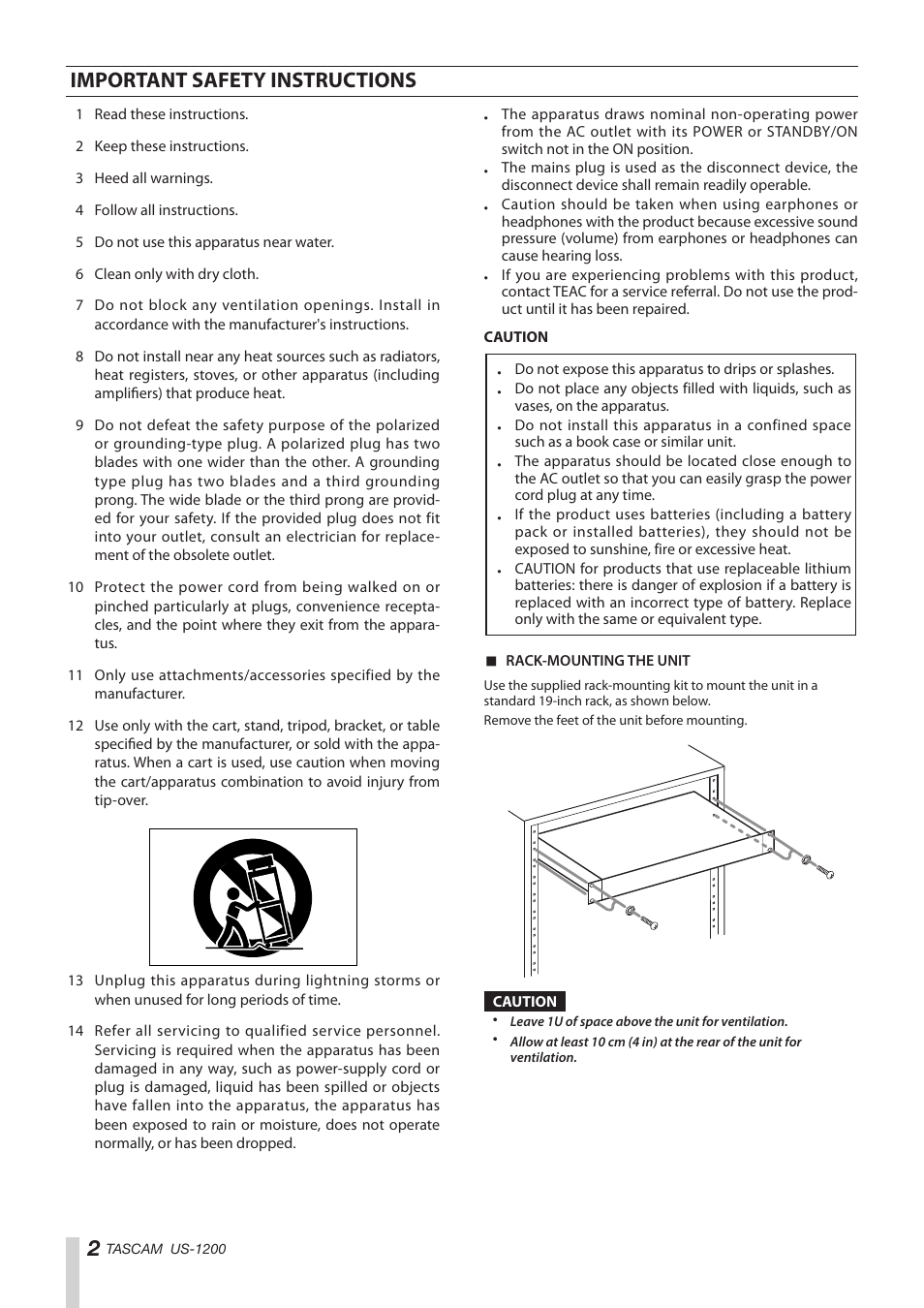 Important safety instructions | Teac US-1200 Quick Start User Manual | Page 2 / 8