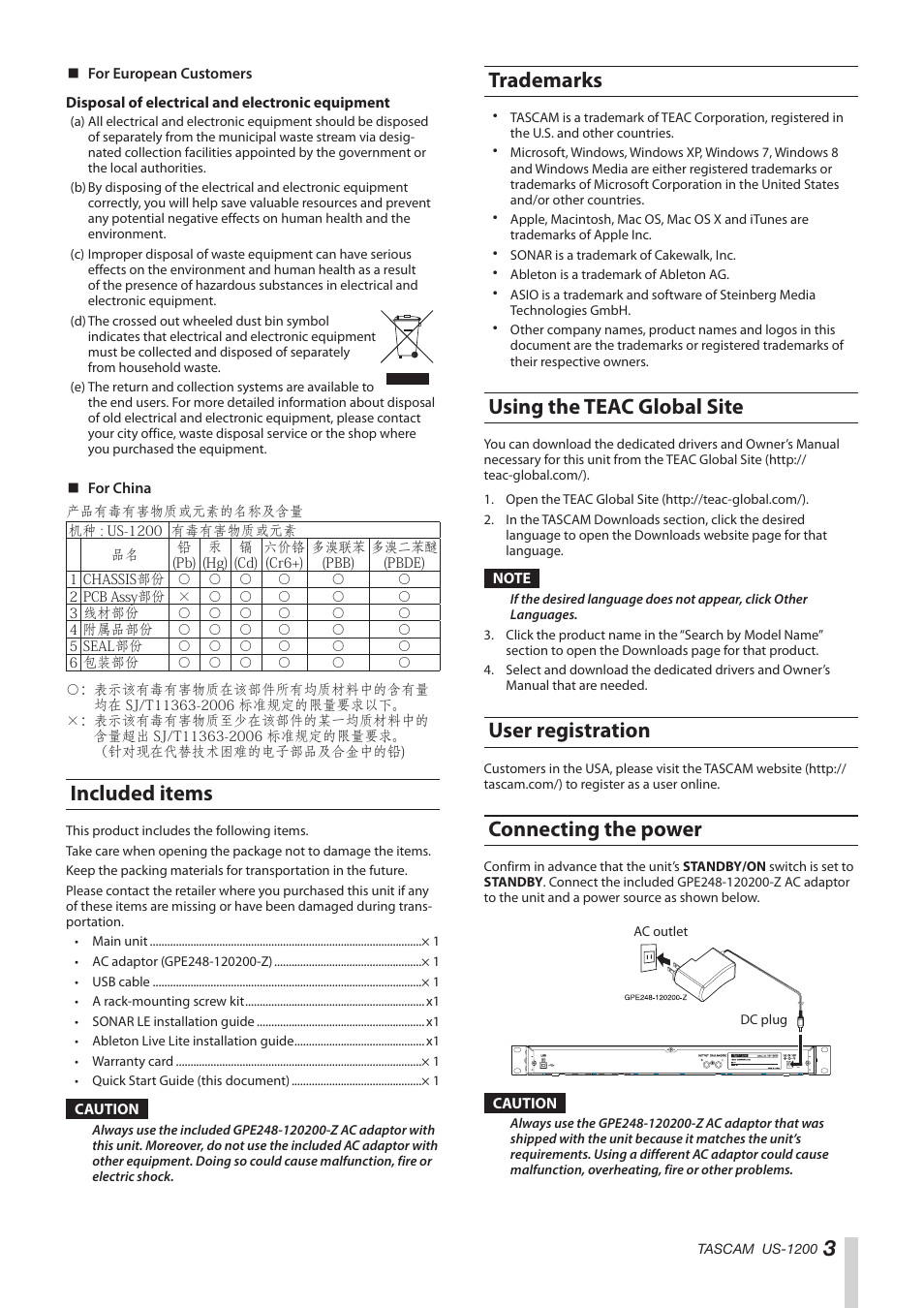 Included items, Trademarks, Using the teac global site | User registration, Connecting the power | Teac US-1200 Quick Start User Manual | Page 3 / 8