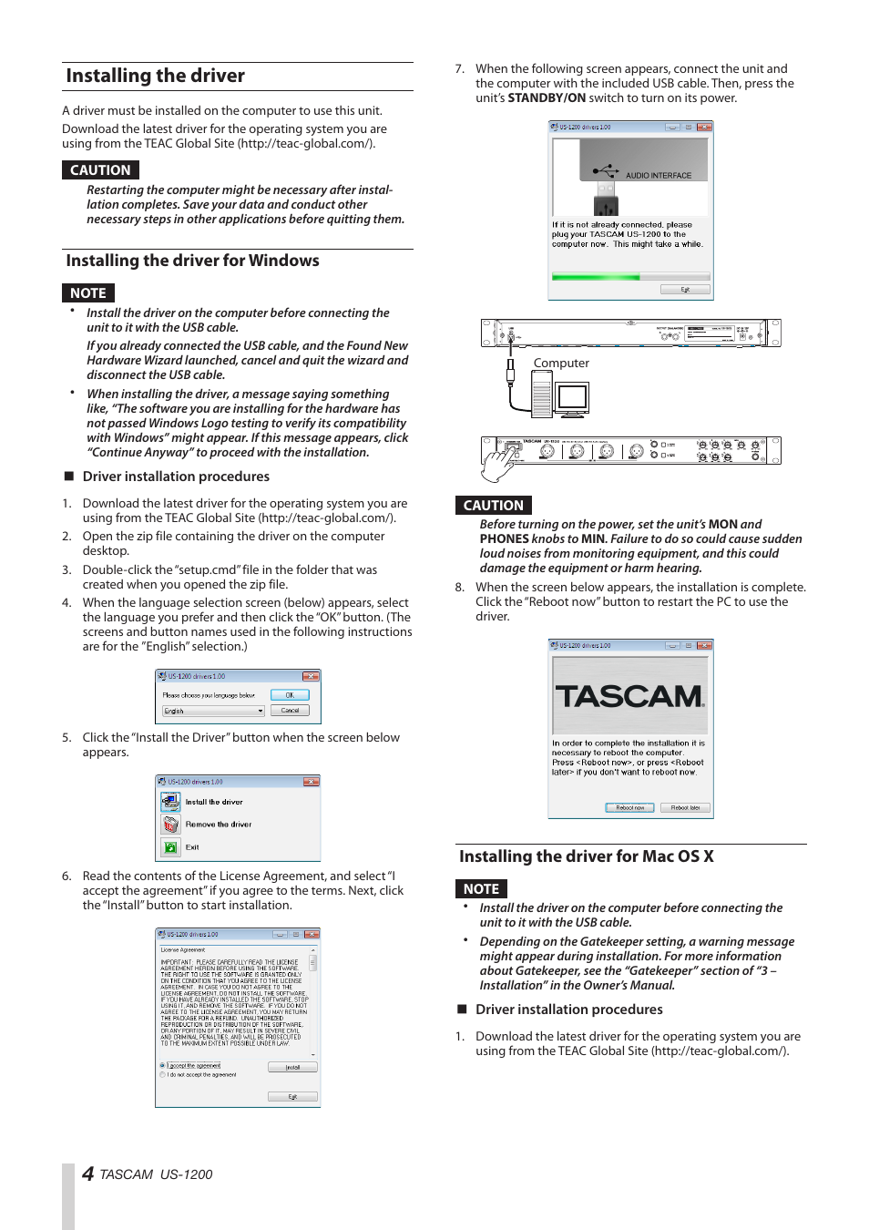 Installing the driver, Installing the driver for windows, Installing the driver for mac os x | Teac US-1200 Quick Start User Manual | Page 4 / 8