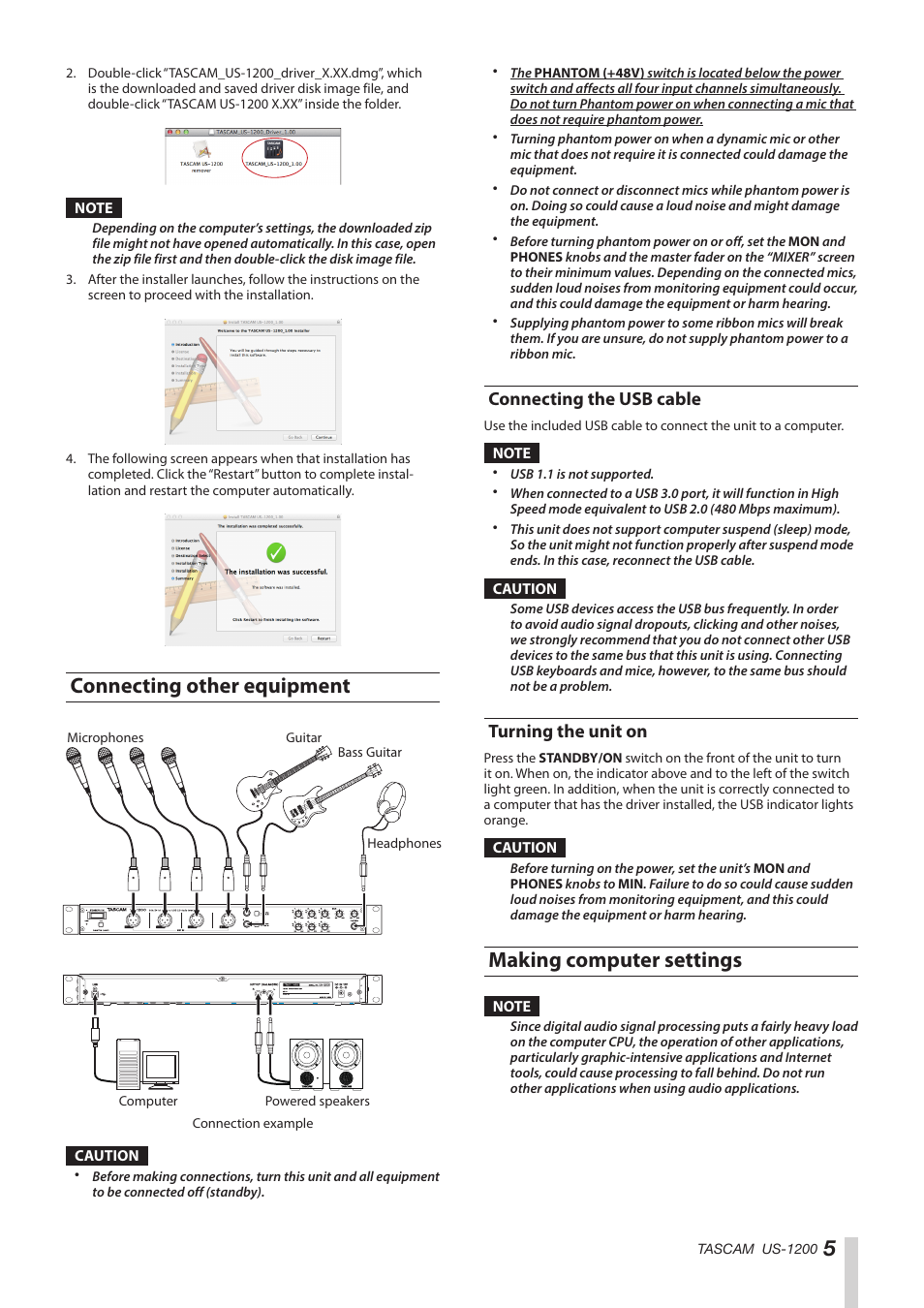 Connecting other equipment, Making computer settings, Connecting the usb cable | Turning the unit on | Teac US-1200 Quick Start User Manual | Page 5 / 8