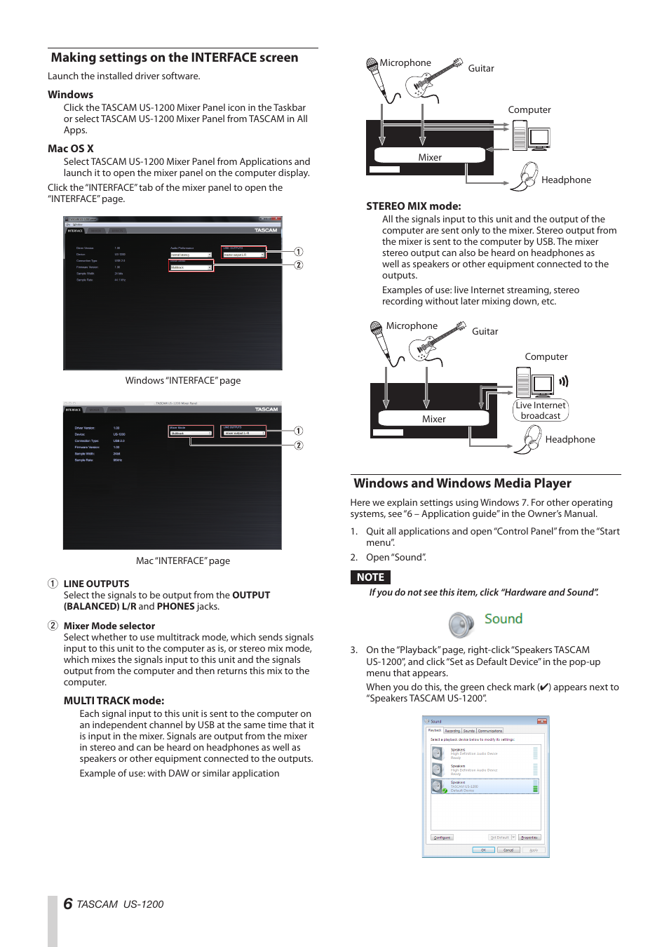 Making settings on the interface screen, Windows and windows media player | Teac US-1200 Quick Start User Manual | Page 6 / 8