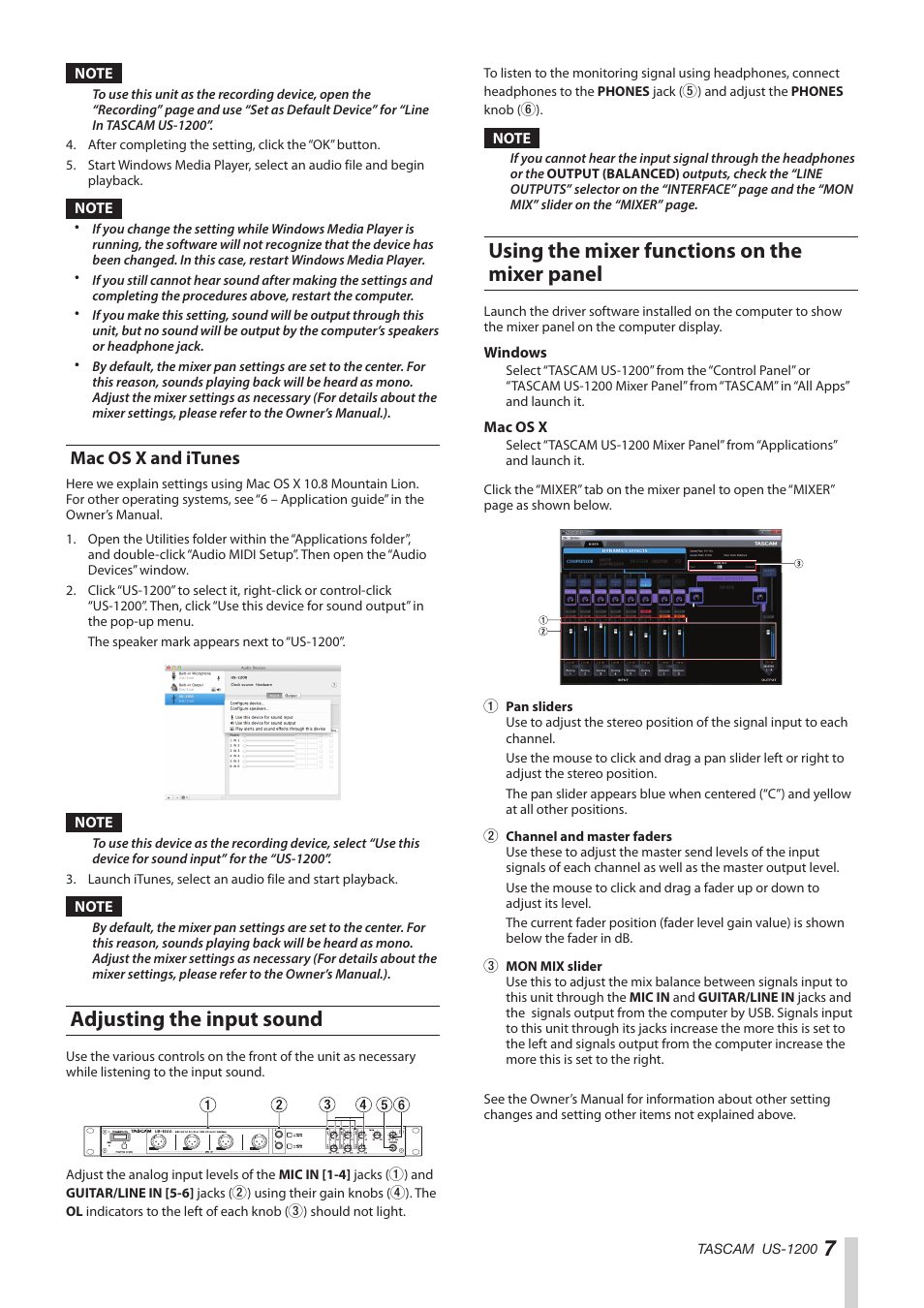 Adjusting the input sound, Using the mixer functions on the mixer panel, Mac os x and itunes | Teac US-1200 Quick Start User Manual | Page 7 / 8