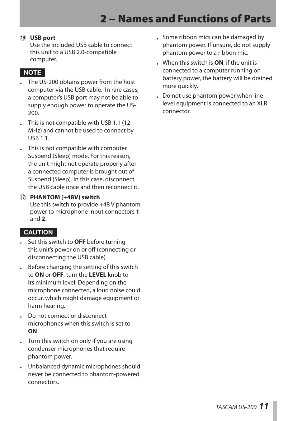 2 − names and functions of parts | Teac US-200 User Manual | Page 11 / 32