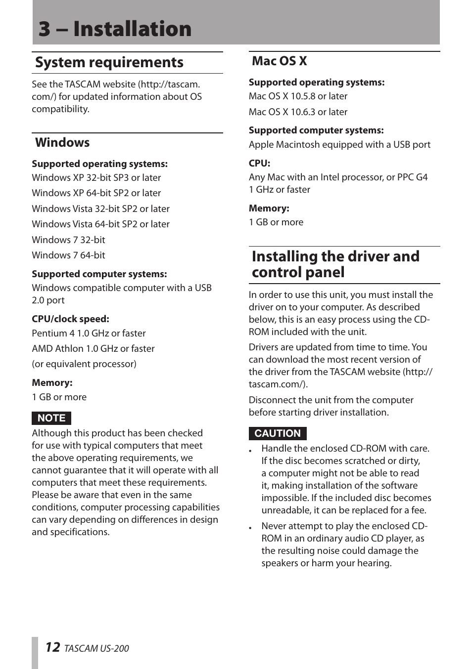 3 − installation, System requirements, Windows | Mac os x, Installing the driver and control panel, Windows mac os x, Installing the driver and control panel 12 | Teac US-200 User Manual | Page 12 / 32